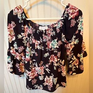 Ces Femme: Navy Blue Floral Blouse with Pink and Green Accents